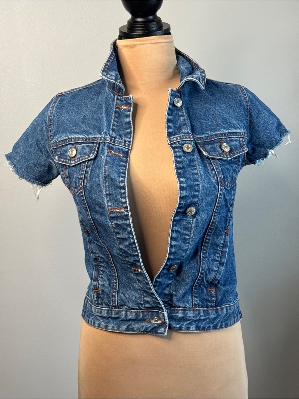 Classic Short Sleeve Denim Jacket Jean Blue Cotton Distressed